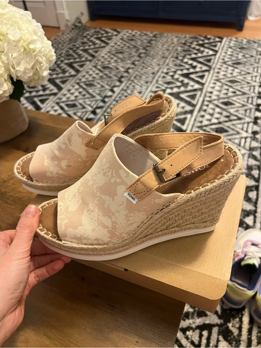 TOMS Women's Beige Canvas Espadrille Wedge Sandals